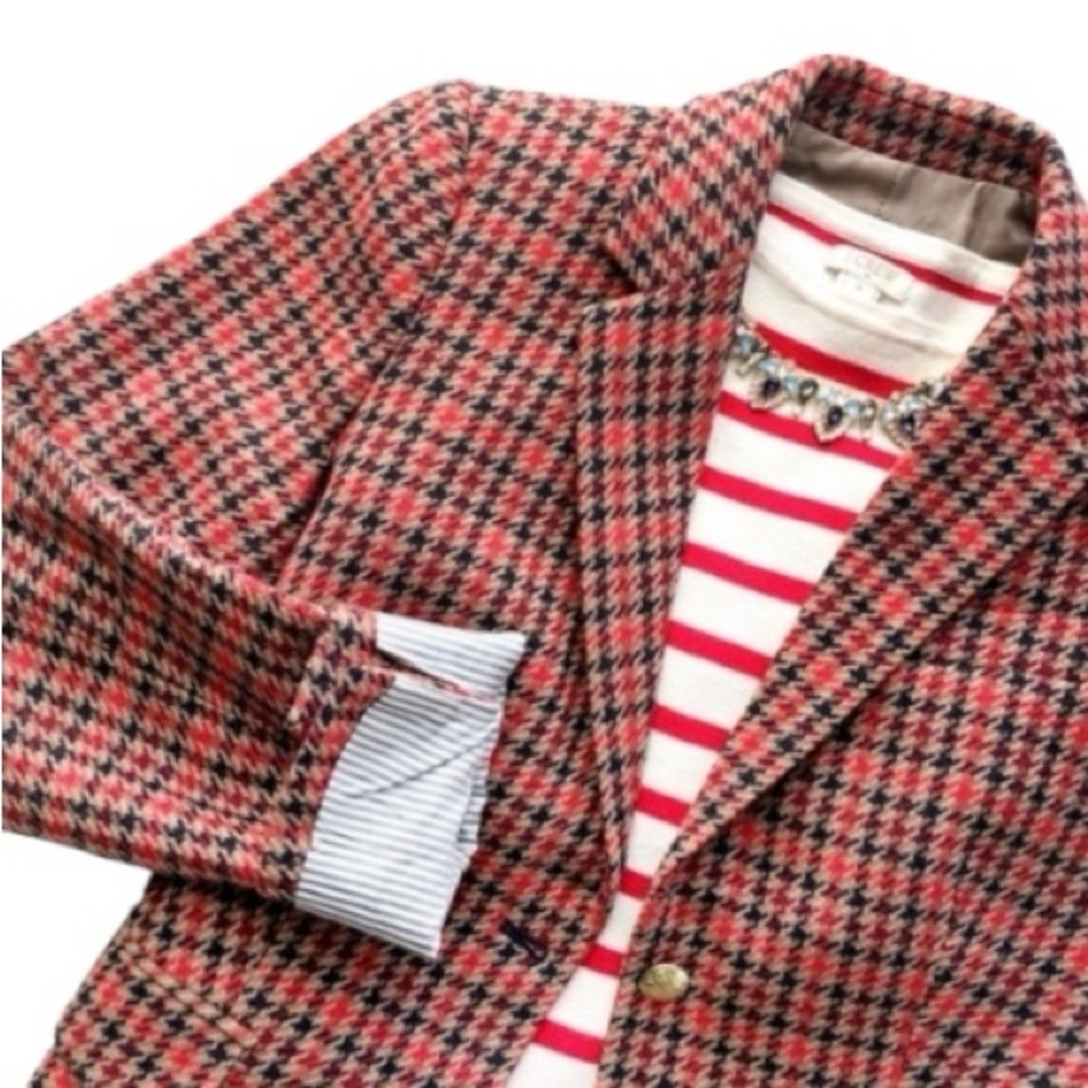 J. Crew Houndstooth Blazer Wool Blend Tan, Red and Black Size 14 - Picture 2 of 8